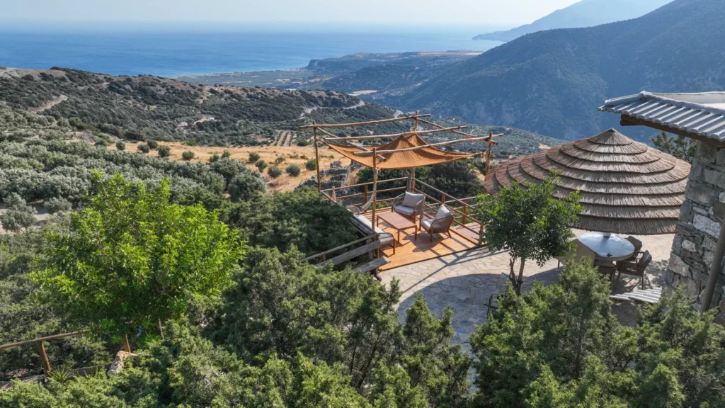 Aerial view of Vorénia Horizon on the mountainside above the Libyan Sea, South Crete