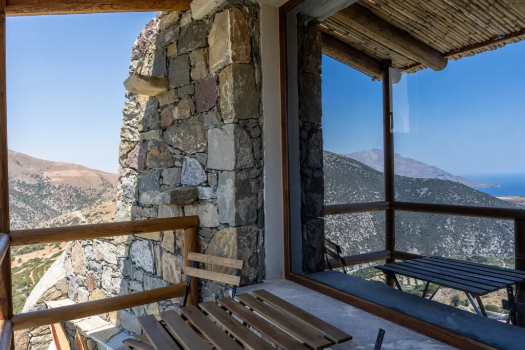 Private terrace of the independent suite at Vorénia Horizon, overlooking the Libyan Sea